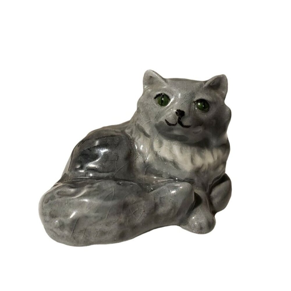 Hagen Renaker Mini Persian Cat Lying Dark Gray Green Eyes Figurine RARE HTF